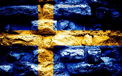 Sverige flagga, grunge tegel konsistens, Flagga Sverige, flaggan p&#229; v&#228;ggen, Sverige, Europa, flaggor f&#246;r europeiska l&#228;nder