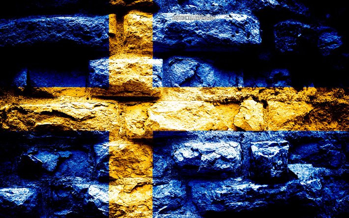 Svezia, bandiera, grunge texture di mattoni, Bandiera della Svezia, bandiera su un muro di mattoni, Europa, bandiere dei paesi europei