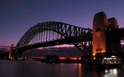 Sydney Harbour Bridge, p&#244;r do sol, noite, bela ba&#237;a, cidade australiana, Sydney, Austr&#225;lia