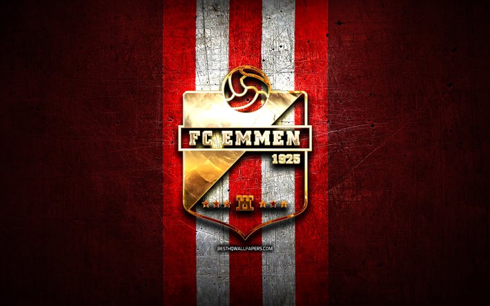 FC Emmen, kultainen logo, Eredivisie, punainen metalli tausta, jalkapallo, Hollantilainen jalkapalloseura, FC Emmen logo, Alankomaat
