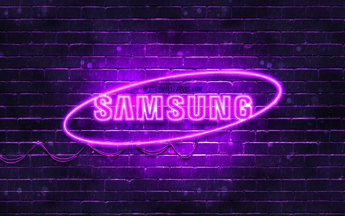 Samsung violet logo, 4k, violet brickwall, Samsung logo, brands, Samsung neon logo, Samsung