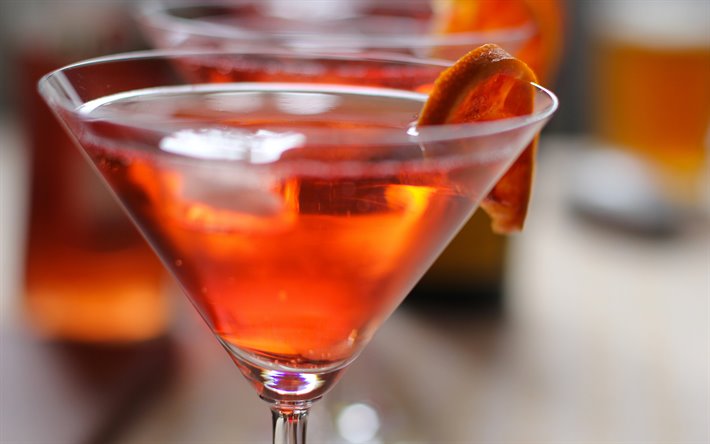 4k, Negroni Cocktail, bokeh, drinkar, glas med dricka, makro, Negroni, Glas med Negroni