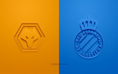 O Wolverhampton Wanderers vs Espanyol, A UEFA Europa League, Logotipos 3D, materiais promocionais, laranja-fundo azul, Liga Europa, partida de futebol, O Wolverhampton Wanderers, Espanhol