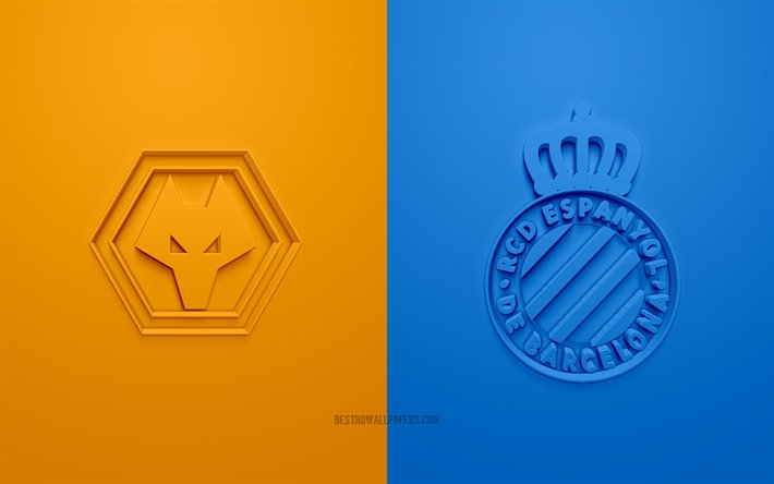 O Wolverhampton Wanderers vs Espanyol, A UEFA Europa League, Logotipos 3D, materiais promocionais, laranja-fundo azul, Liga Europa, partida de futebol, O Wolverhampton Wanderers, Espanhol