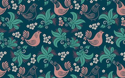 retro verde textura, retro, fondos, con textura aves rosa, verde retro plantas de la textura, la textura con las hojas y los p&#225;jaros, retro floral de textura