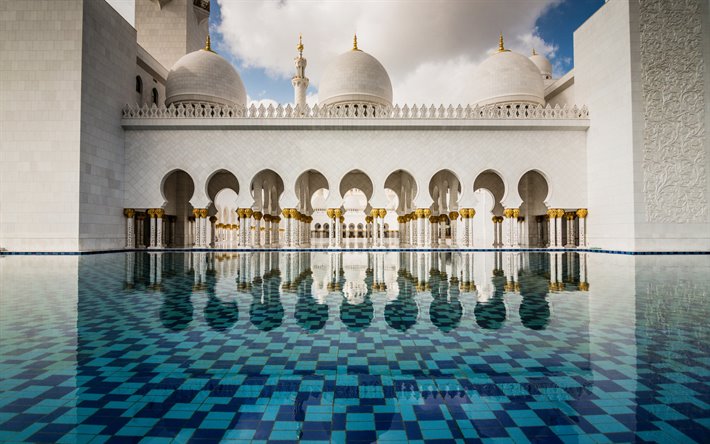 abu dhabi, sheikh-zayed-moschee, brunnen, innenansicht, abu dhabi wahrzeichen, vae, vereinigte arabische emirate, sheikh zayed grand moschee