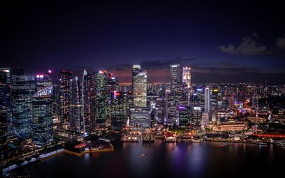 Singapore at night, 4k, aerial view, Marina Bay Sands, skyscrapers, Singapore, modern buildings, Asia, Singapore 4K