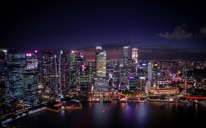 سنغافورة في الليل, 4k, عرض جوي, مارينا باي ساندز, ناطحات السحاب, سنغافورة, المباني الحديثة, آسيا, سنغافورة 4K