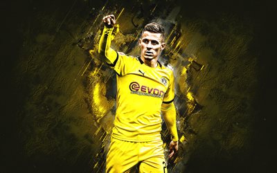 Thorgan Hazard, Borussia Dortmund, Belgian football player, attacking midfielder, BVB, portrait, yellow stone background, Bundesliga, Germany, football