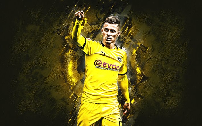 Thorgan Hazard, Borussia Dortmund, Belgian football player, attacking midfielder, BVB, portrait, yellow stone background, Bundesliga, Germany, football