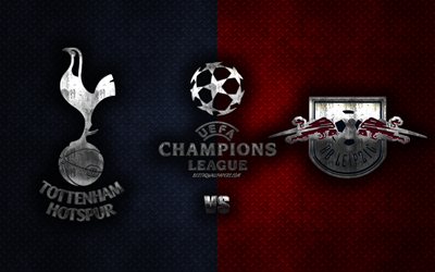 Tottenham vs RB Leipzig, UEFA Champions League, 2020, metal logotipos, materiais promocionais, azul vermelho metal background, Liga Dos Campe&#245;es, partida de futebol, RB Leipzig, O Tottenham Hotspur