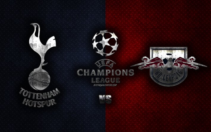 Tottenham Hotspur vs RBライプツィヒ, UEFAチャンピオンズリーグ, 2020, 金属製ロゴ, 販促物, 青赤の金属の背景, チャンピオンリーグ, サッカーの試合, RBライプツィヒ, Tottenham Hotspur