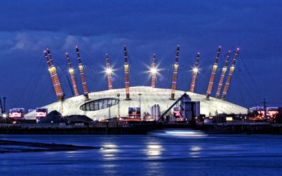 The O2 Arena, London, evening, sunset, modern stadium, Royal Borough, Greenwich Peninsula, Great Britain