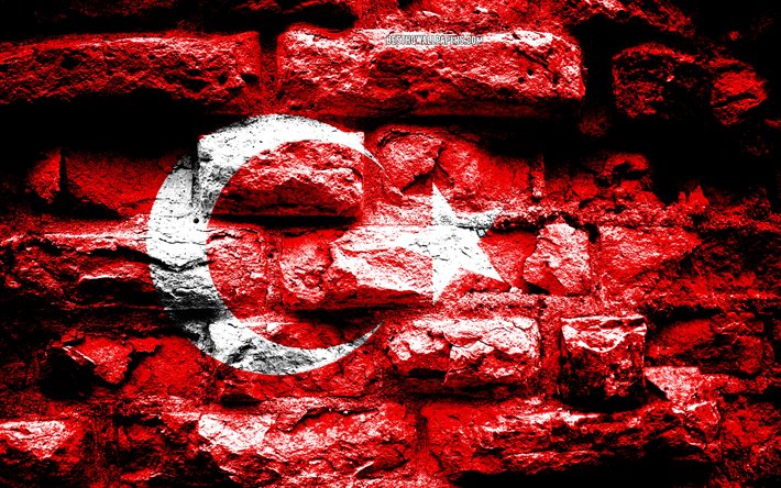 Turkey flag, grunge brick texture, Flag of Turkey, flag on brick wall, Turkey, Europe, flags of european countries