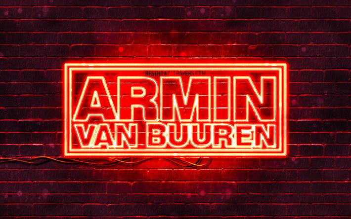 Armin van Buuren es el logotipo rojo, 4k, la superestrella, holand&#233;s dj, rojo, brickwall, Armin van Buuren logotipo de estrellas de la m&#250;sica, Armin van Buuren, ne&#243;n logotipo