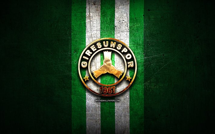 Giresunspor FC, golden logo, 1 Lig, green metal background, football, Giresunspor, turkish football club, Giresunspor logo, soccer, Turkey