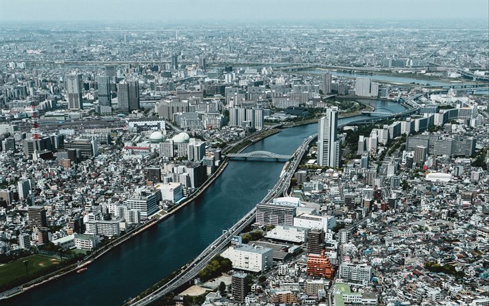 Tokyo, modern city, river, metropolis, capital of Japan, city landscape, Tokyo cityscape, Japan