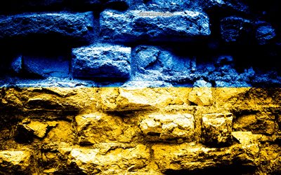 أوكرانيا العلم, الجرونج الطوب الملمس, علم أوكرانيا, علم على جدار من الطوب, أوكرانيا, أوروبا, أعلام الدول الأوروبية