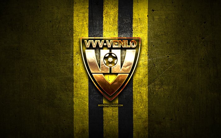 VVV-Venlo FC, logo dorato, Eredivisie, giallo, metallo, sfondo, calcio VVV-Venlo, olandese squadra di calcio VVV-Venlo, logo, calcio, paesi Bassi