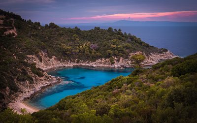 Mediterranean Sea, beautiful bay, sunset, evening, heart shaped bay, romantic places, greek island, Greece