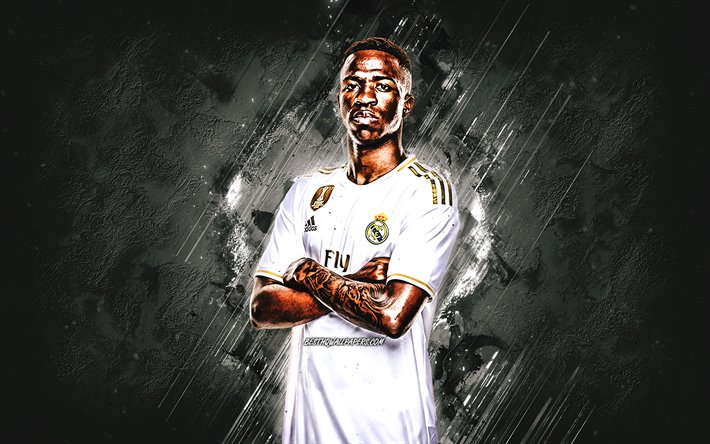 Vinicius Junior, Real Madrid, Brazilian football player, midfielder, white stone background, La Liga, football, Spain