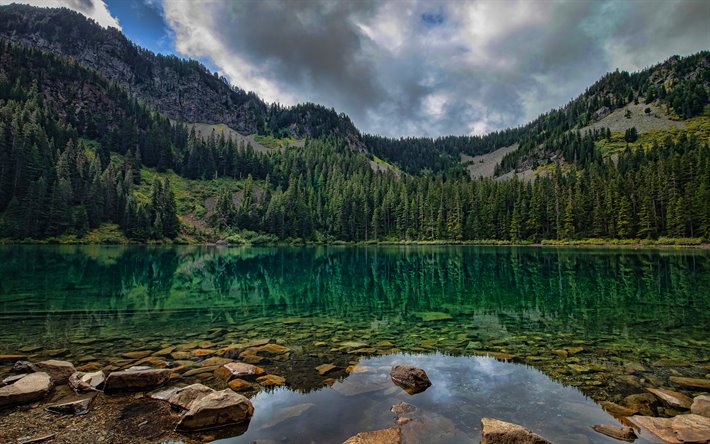 lago di montagna, paesaggio di montagna, Alpi, lago smeraldo, verde, lago, foresta, montagne, prendersi cura della natura, Salvare la terra