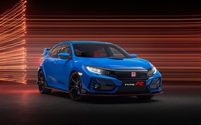 En 2020, la Honda Civic Type R, ext&#233;rieur, vue de face, tuning Civique, bleu nouveau Civic Type R, les voitures japonaises, Honda