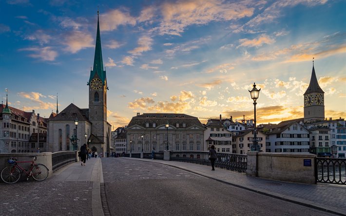 Zurich, Fraumunster, iglesia, tarde, puesta de sol, la capilla, puente, Suiza