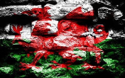 Wales flag, grunge brick texture, Flag of Wales, flag on brick wall, Wales, Europe, flags of european countries