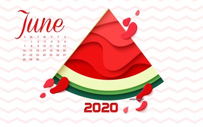 2020 de junio de Calendario, el verano de 2020 calendario, la sand&#237;a, el arte de verano, de junio de 2020 Calendario, el verano de fondo, de junio de
