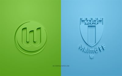 Wolfsburg vs Malm&#246; FF, UEFA Europa League, 3D-logotyper, pr-material, gr&#246;n bl&#229; bakgrund, Europa League, fotbollsmatch, Wolfsburg, Malm&#246; FF