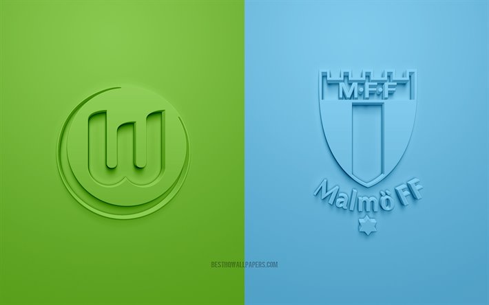 Wolfsburg vs Malm&#246; FF, de l&#39;UEFA Europa League, logos 3D, du mat&#233;riel promotionnel, vert sur fond bleu, Europa League, match de football, Wolfsburg, Malm&#246; FF