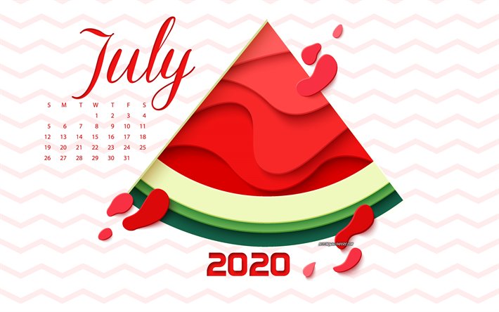 2020 Juli Kalender, sommaren 2020 kalender, vattenmelon, sommaren konst, Juli 2020 Kalender, sommar bakgrund, Juli