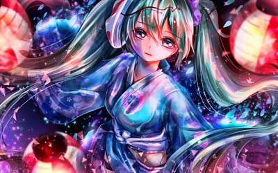 Hatsune Miku, kimono, Vocaloid Characters, abstract art, manga, japanese lanterns, Vocaloid, Miku Hatsune