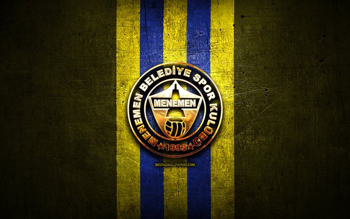 Menemenspor FC, altın logo, 1 Lig, sarı metal arka plan, futbol, Menemenspor, T&#252;rk Futbol Kul&#252;b&#252;, Menemenspor logosu, T&#252;rkiye, Menemen Belediyespor