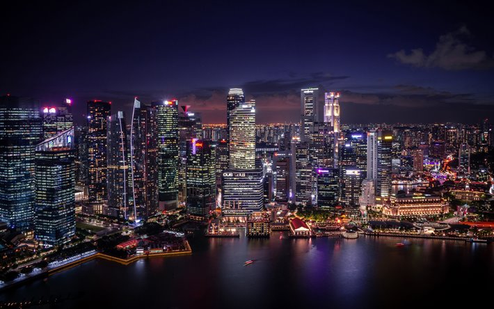Singapur, 4k, gece, g&#246;kdelenler, modern binalar, şehir, Asya