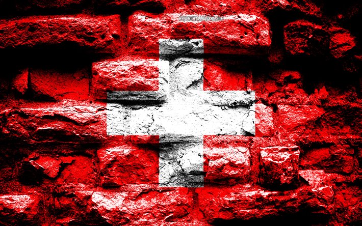 Switzerland flag, grunge brick texture, Flag of Switzerland, flag on brick wall, Switzerland, Europe, flags of european countries