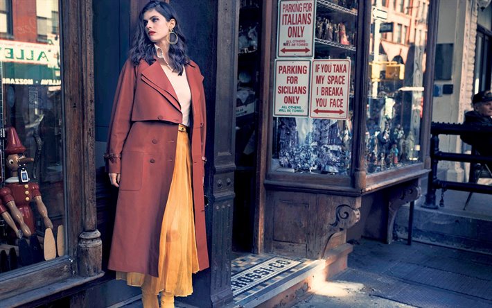 Alexandra Daddario, retrato, actriz estadounidense, sesi&#243;n de fotos, abrigo rojo, americana modelo de moda