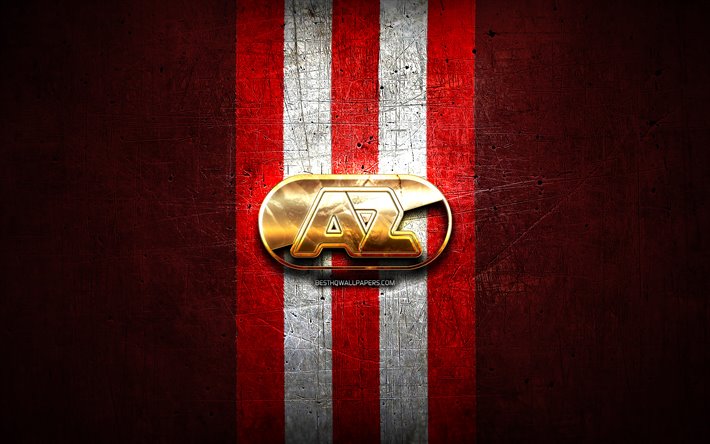 AZ Alkmaar, golden logo, Eredivisie, red metal background, football, AZ Alkmaar FC, Dutch football club, AZ Alkmaar logo, soccer, Netherlands