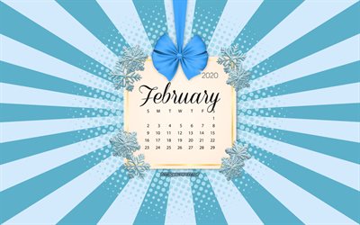 2020 February Calendar, blue background, winter 2020 calendars, February, 2020 calendars, snowflakes, retro style, February 2020 Calendar, calendar with snowflakes