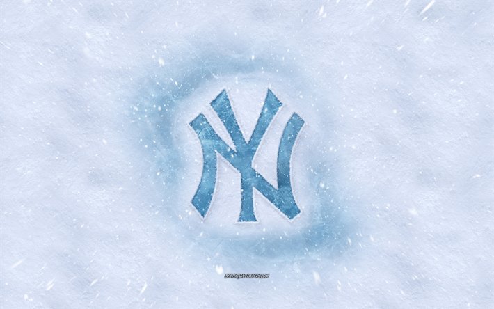 New York Yankees logo, American baseball club, winter concepts, MLB, New York Yankees ice logo, snow texture, New York, California, USA, snow background, New York Yankees, baseball