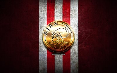 Ajax FC, golden logotyp, Eredivisie, red metal bakgrund, fotboll, AFC Ajax, Holl&#228;ndsk fotboll club, Ajax logotyp, Nederl&#228;nderna
