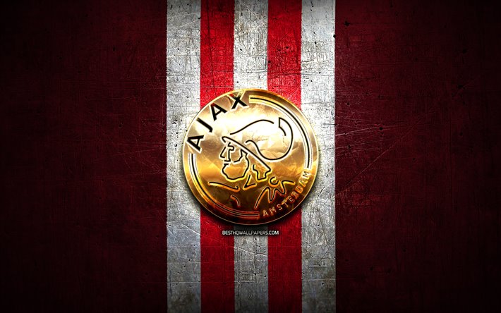 Ajax FC, logo dor&#233;, Eredivisie, rouge m&#233;tal, fond, football, l&#39;AFC Ajax, le club de foot n&#233;erlandais, Ajax logo, pays-bas