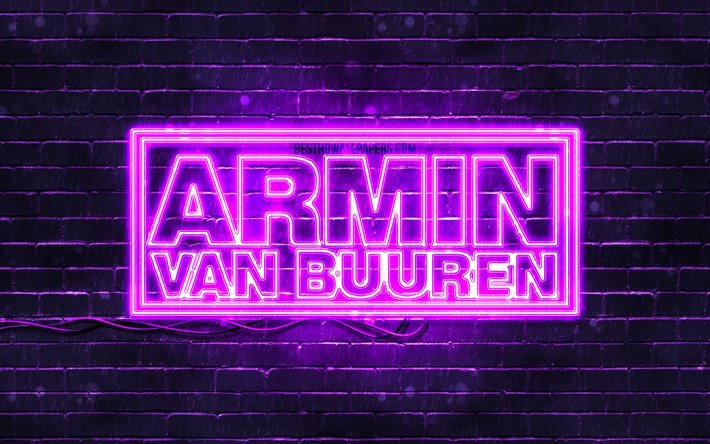 Armin van Buuren mor logo, 4k, s&#252;perstar, Hollandalı dj, mor brickwall, Armin van Buuren logo m&#252;zik yıldızları, Armin van Buuren, neon logo