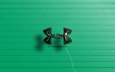 Under Armour3Dロゴ, 4K, スポーツブランド, 濃い緑色のリアルな風船, アンダーアーマー, 緑の木製の背景
