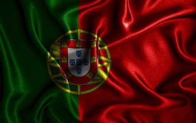 Bandiera portoghese, 4k, bandiere sventolate di seta, paesi europei, simboli nazionali, Bandiera del Portogallo, bandiere di tessuto, bandiera del Portogallo, arte 3D, Portogallo, Europa, Portogallo bandiera 3D