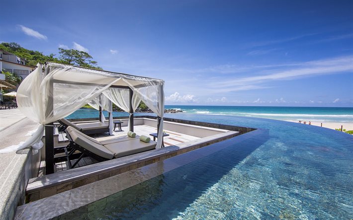 Phuket, oceano, isole tropicali, estate, piscina sulla spiaggia, hotel di lusso, Thailandia
