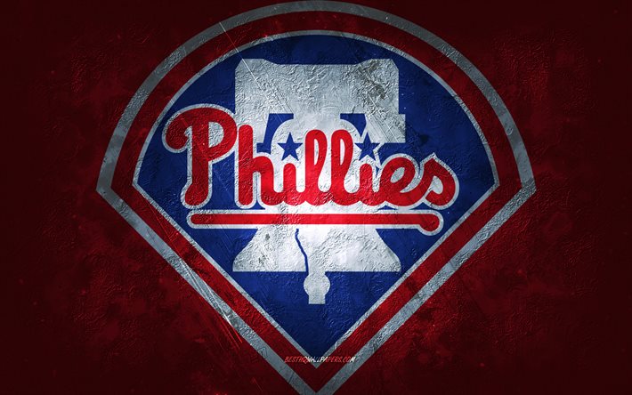 Phillies de Philadelphie, &#233;quipe am&#233;ricaine de baseball, fond en pierre rouge, logo phillies de Philadelphie, art grunge, MLB, baseball, &#201;tats-Unis, embl&#232;me des Phillies de Philadelphie