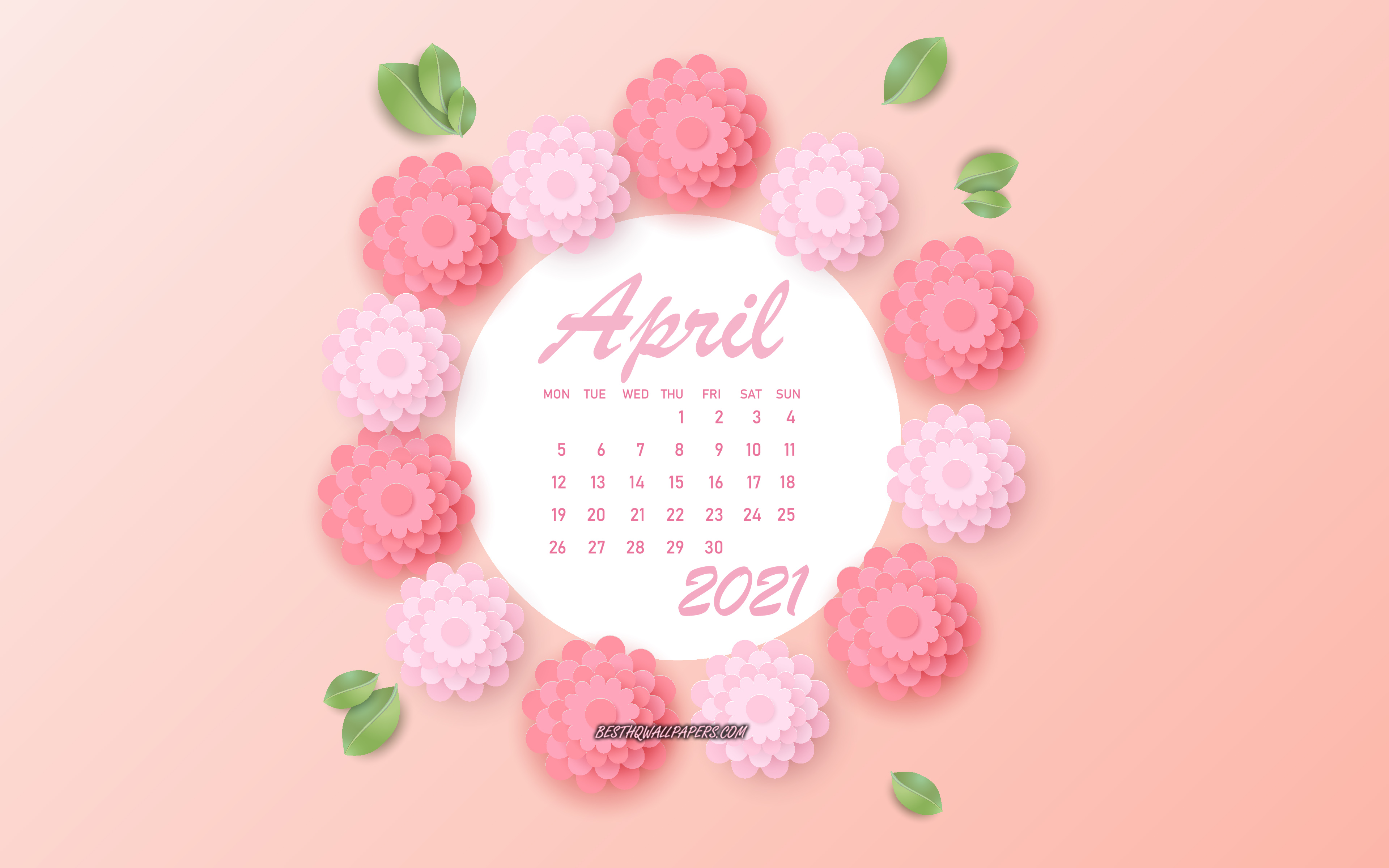 Download wallpapers April 2021 Calendar, pink flowers, April, 2021