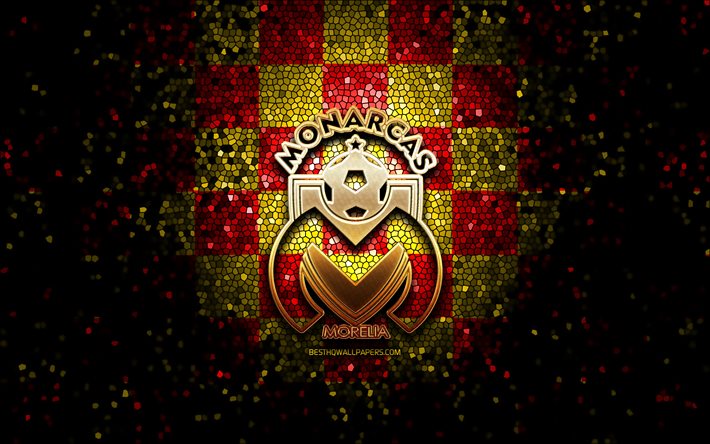 Monarcas FC, glitter logo, Liga MX, red yellow checkered background, soccer, mexican football club, Monarcas Morelia logo, mosaic art, football, CA Monarcas Morelia